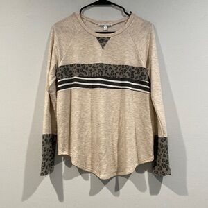 Moa Moa Cream and Gray Animal Print Striped Long Sleeve Blouse - Size Medium